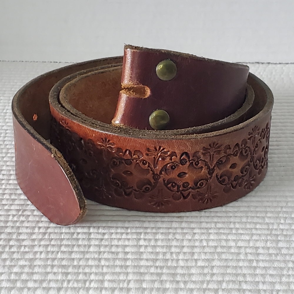 Hand Tooled Leather Belt Men's 44" Long 1.5" Wide Vintage Needs Buckle Handmade